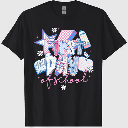 First Day of School, Preppy Back to School T-Shirt, Coquette Teacher Sublimation, Retro Girly Pencil Apple Book, Crew Neck, Cotton Relaxed Unisex Fit Casual Short Sleeve Tee