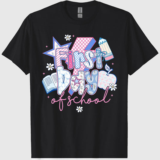 First Day of School, Preppy Back to School T-Shirt, Coquette Teacher Sublimation, Retro Girly Pencil Apple Book, Crew Neck, Cotton Relaxed Unisex Fit Casual Short Sleeve Tee