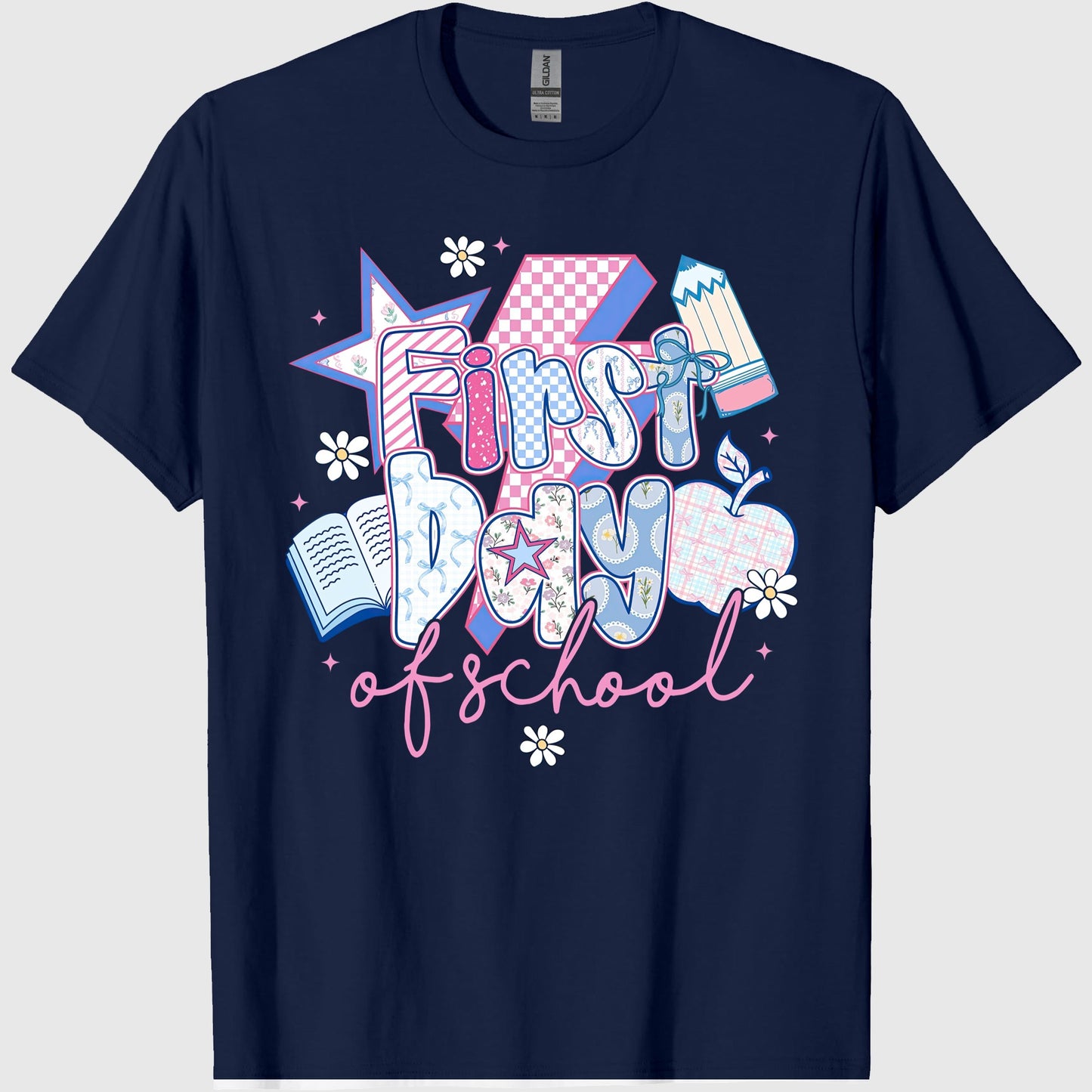 First Day of School, Preppy Back to School T-Shirt, Coquette Teacher Sublimation, Retro Girly Pencil Apple Book, Crew Neck, Cotton Relaxed Unisex Fit Casual Short Sleeve Tee