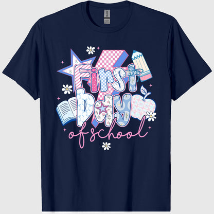 First Day of School, Preppy Back to School T-Shirt, Coquette Teacher Sublimation, Retro Girly Pencil Apple Book, Crew Neck, Cotton Relaxed Unisex Fit Casual Short Sleeve Tee