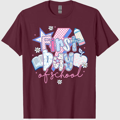 First Day of School, Preppy Back to School T-Shirt, Coquette Teacher Sublimation, Retro Girly Pencil Apple Book, Crew Neck, Cotton Relaxed Unisex Fit Casual Short Sleeve Tee
