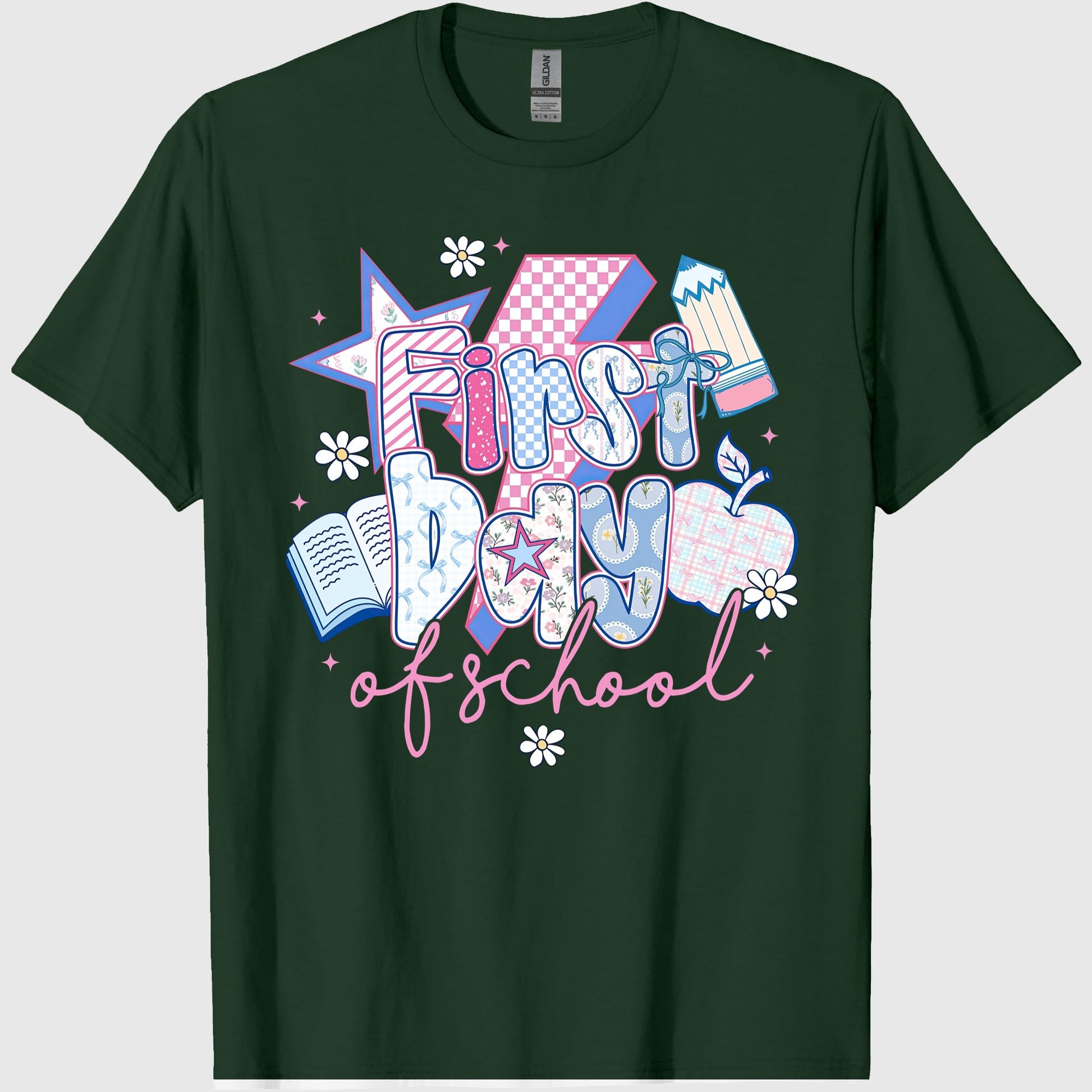 First Day of School, Preppy Back to School T-Shirt, Coquette Teacher Sublimation, Retro Girly Pencil Apple Book, Crew Neck, Cotton Relaxed Unisex Fit Casual Short Sleeve Tee