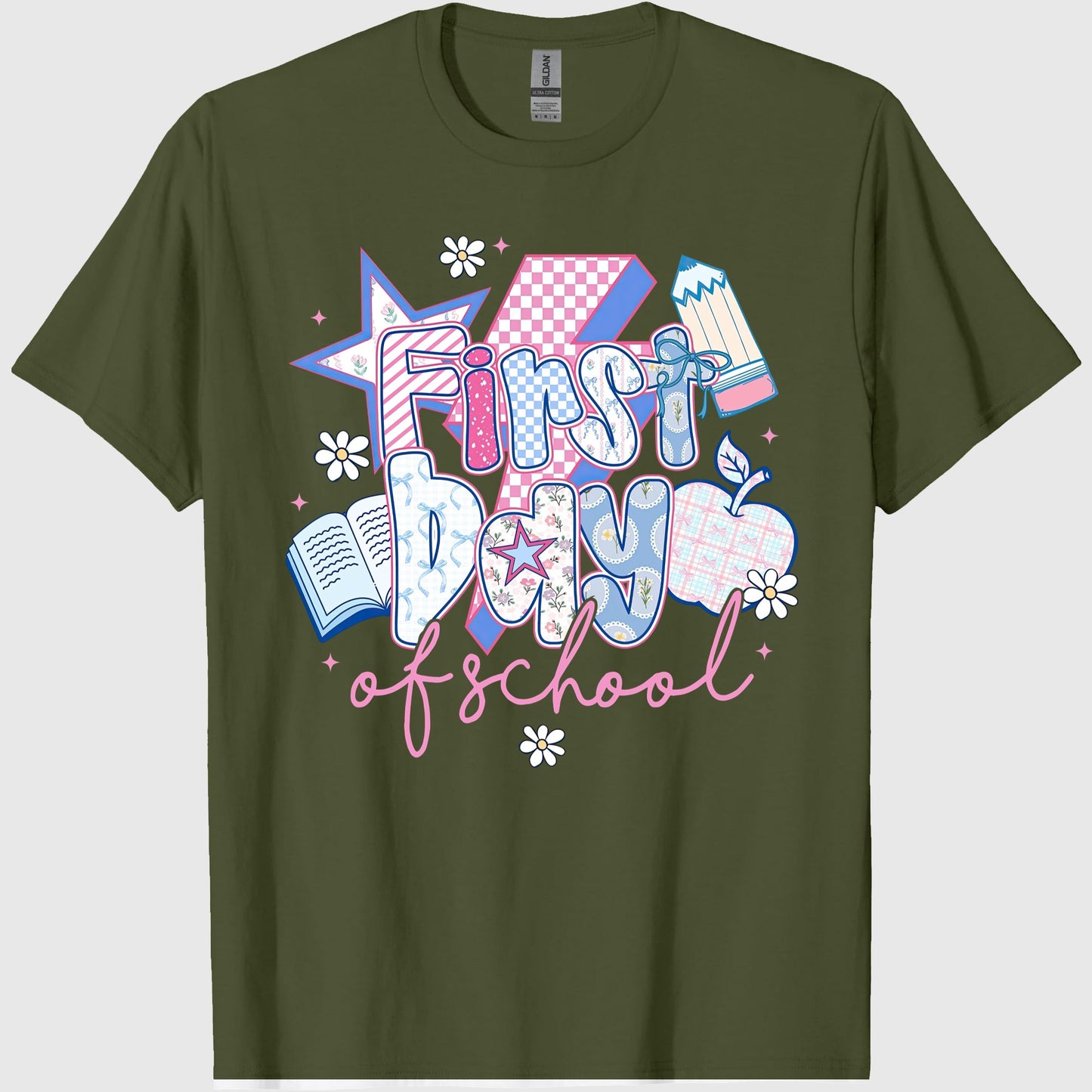 First Day of School, Preppy Back to School T-Shirt, Coquette Teacher Sublimation, Retro Girly Pencil Apple Book, Crew Neck, Cotton Relaxed Unisex Fit Casual Short Sleeve Tee
