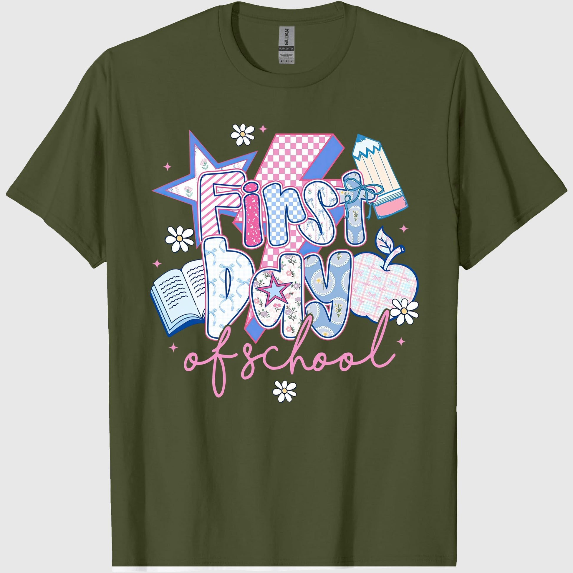 First Day of School, Preppy Back to School T-Shirt, Coquette Teacher Sublimation, Retro Girly Pencil Apple Book, Crew Neck, Cotton Relaxed Unisex Fit Casual Short Sleeve Tee