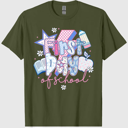 First Day of School, Preppy Back to School T-Shirt, Coquette Teacher Sublimation, Retro Girly Pencil Apple Book, Crew Neck, Cotton Relaxed Unisex Fit Casual Short Sleeve Tee