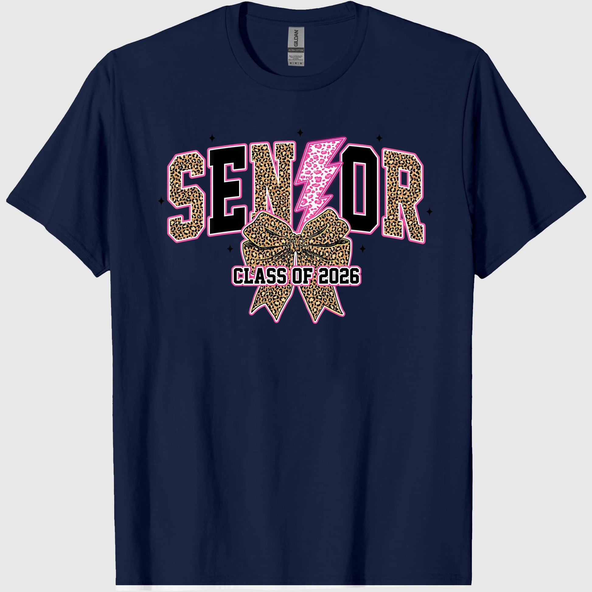 Senior 2026, Leopard Lightning Bolt Graduation, Coquette Class of 2026 Sublimation, Preppy Girly Senior Bow Shirt, Back to schools, Crew Neck, Cotton Relaxed Unisex Fit Casual Short Sleeve Tee