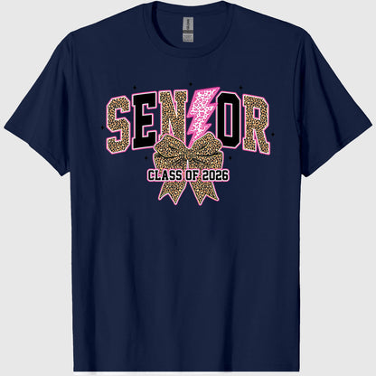 Senior 2026, Leopard Lightning Bolt Graduation, Coquette Class of 2026 Sublimation, Preppy Girly Senior Bow Shirt, Back to schools, Crew Neck, Cotton Relaxed Unisex Fit Casual Short Sleeve Tee
