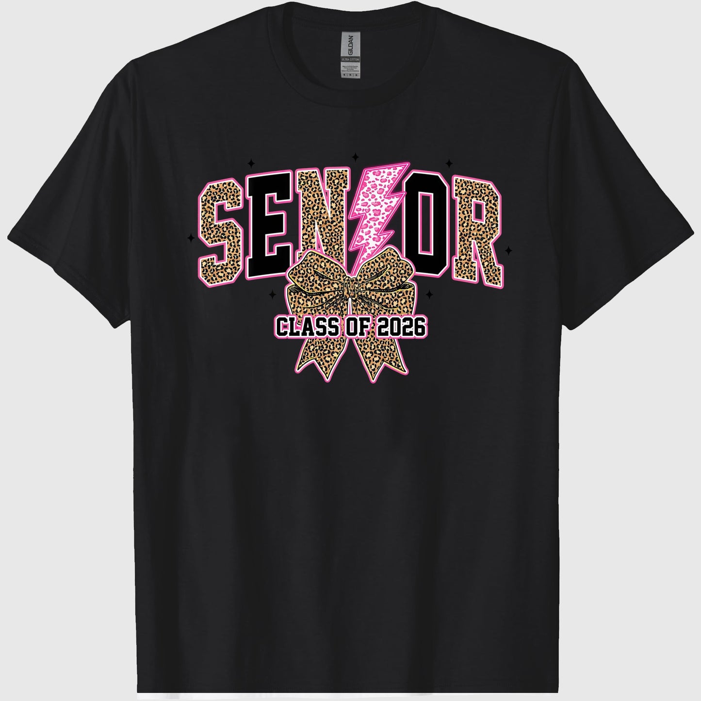 Senior 2026, Leopard Lightning Bolt Graduation, Coquette Class of 2026 Sublimation, Preppy Girly Senior Bow Shirt, Back to schools, Crew Neck, Cotton Relaxed Unisex Fit Casual Short Sleeve Tee