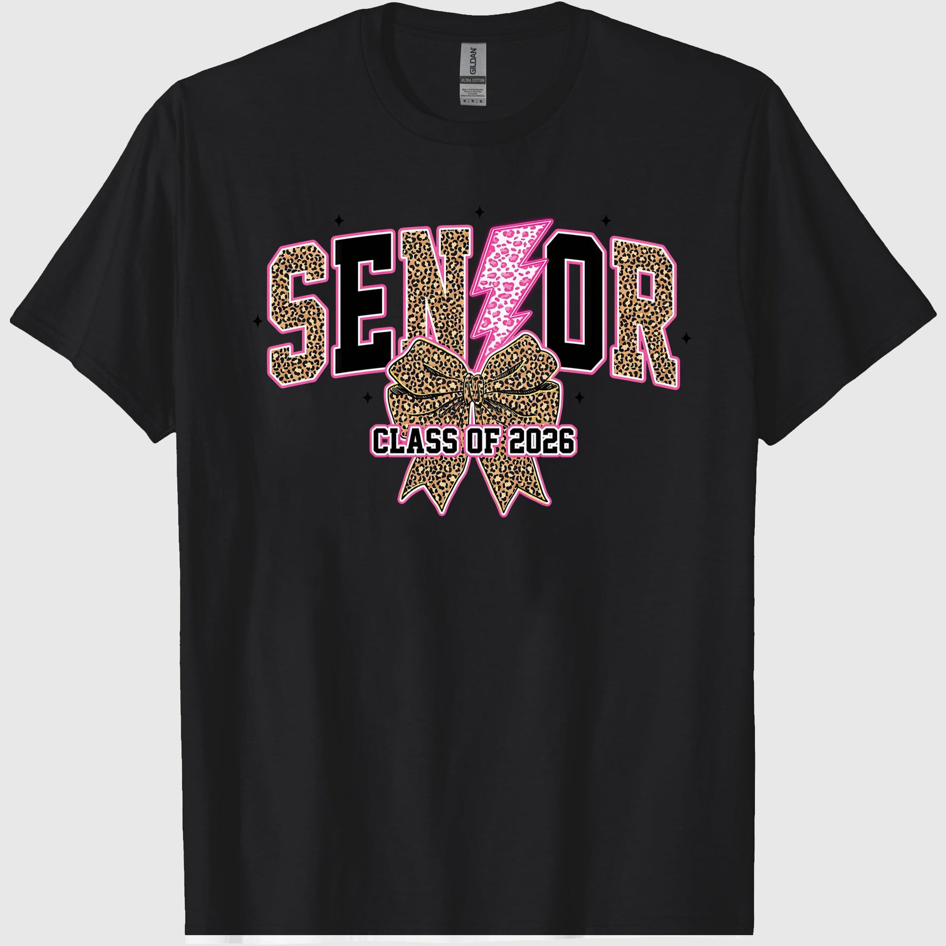 Senior 2026, Leopard Lightning Bolt Graduation, Coquette Class of 2026 Sublimation, Preppy Girly Senior Bow Shirt, Back to schools, Crew Neck, Cotton Relaxed Unisex Fit Casual Short Sleeve Tee