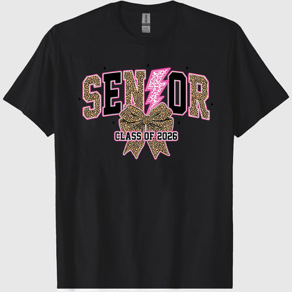 Senior 2026, Leopard Lightning Bolt Graduation, Coquette Class of 2026 Sublimation, Preppy Girly Senior Bow Shirt, Back to schools, Crew Neck, Cotton Relaxed Unisex Fit Casual Short Sleeve Tee