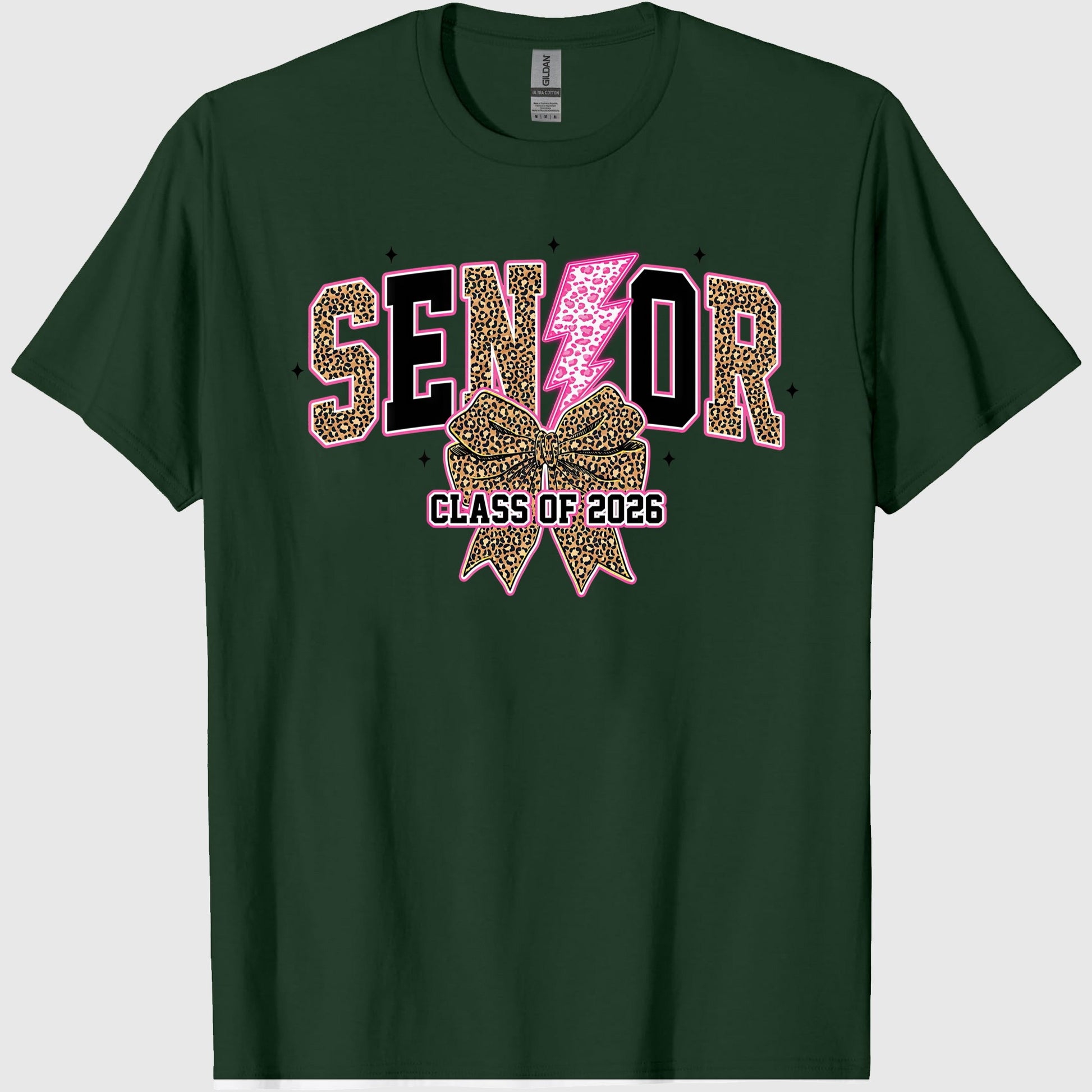 Senior 2026, Leopard Lightning Bolt Graduation, Coquette Class of 2026 Sublimation, Preppy Girly Senior Bow Shirt, Back to schools, Crew Neck, Cotton Relaxed Unisex Fit Casual Short Sleeve Tee