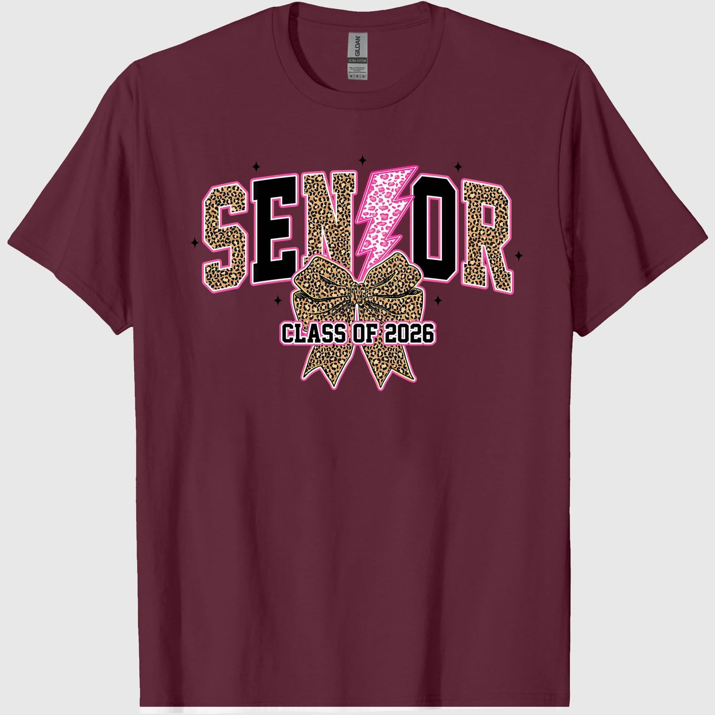 Senior 2026, Leopard Lightning Bolt Graduation, Coquette Class of 2026 Sublimation, Preppy Girly Senior Bow Shirt, Back to schools, Crew Neck, Cotton Relaxed Unisex Fit Casual Short Sleeve Tee