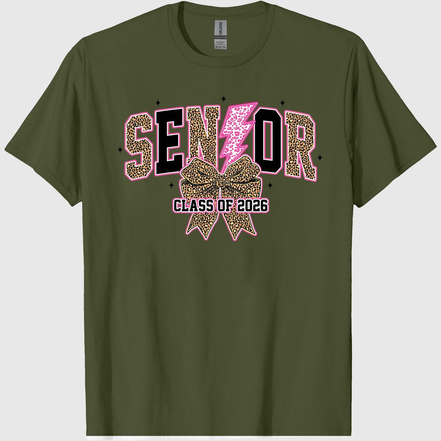 Senior 2026, Leopard Lightning Bolt Graduation, Coquette Class of 2026 Sublimation, Preppy Girly Senior Bow Shirt, Back to schools, Crew Neck, Cotton Relaxed Unisex Fit Casual Short Sleeve Tee