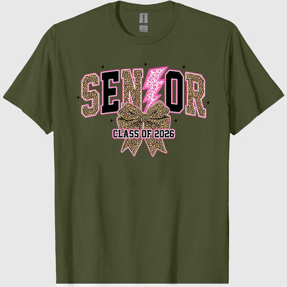 Senior 2026, Leopard Lightning Bolt Graduation, Coquette Class of 2026 Sublimation, Preppy Girly Senior Bow Shirt, Back to schools, Crew Neck, Cotton Relaxed Unisex Fit Casual Short Sleeve Tee